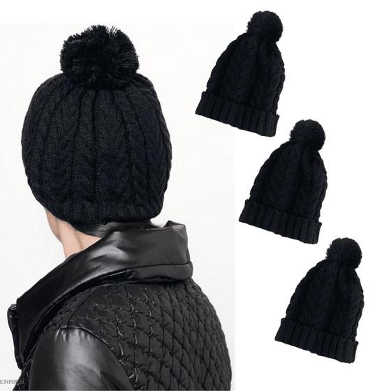 Imagem de 3 Toucas Gorro Preta Lã Tricot PomPom Preta Feminina Masculina Frio Inverno