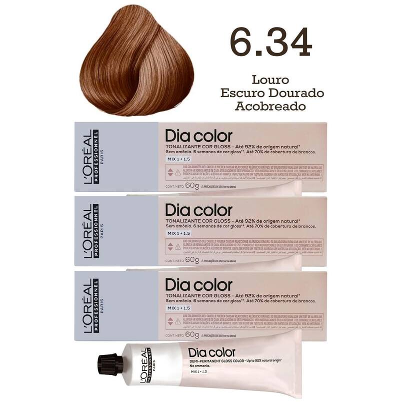 3 Unidades Tonalizante 6.34 Louro Escuro Dourado Acobreado Dia Color L ...