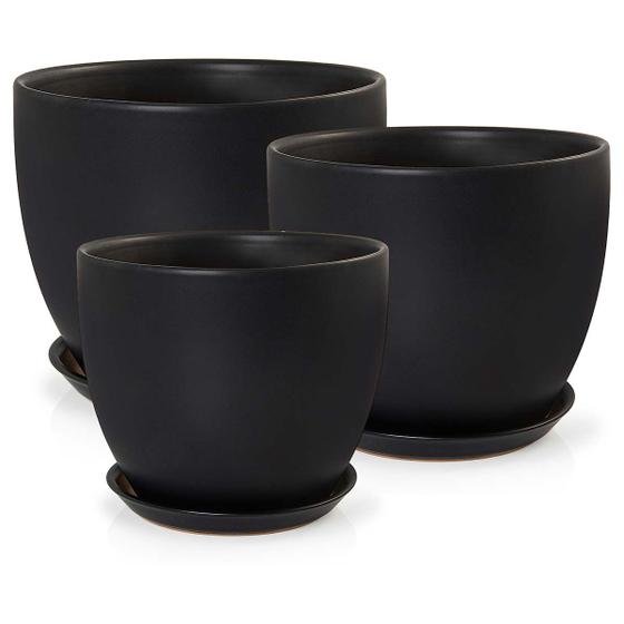 Imagem de 3 Vasos Cachepot com Prato Porcelana Preto Fosco Pozzani