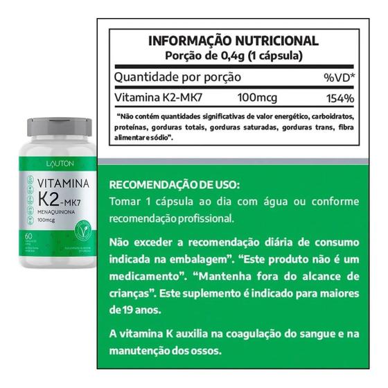 Imagem de 3 Vitam K2 Mk7 - Menaquinona 100mcg - 60 Capsulas Cada - Lauton