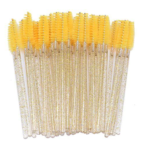 Imagem de 300 Pack Varinhas de rímel pincéis de cílios descartáveis para extensões Eye Lash aplicador Makeup Tool kits, Crystal Handle - Yellow Brush Head