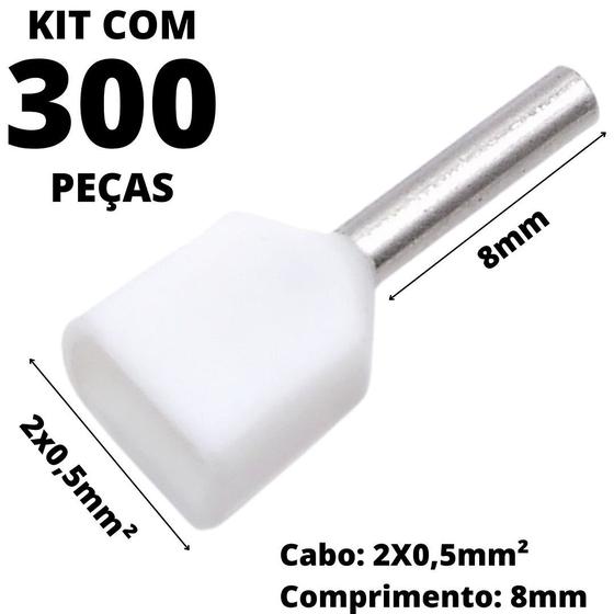 Imagem de 300un Terminal Tubular Ilhós Pré-isolado Duplo Para Cabo de 0,50mm² Metal 8mm Branco TE0508