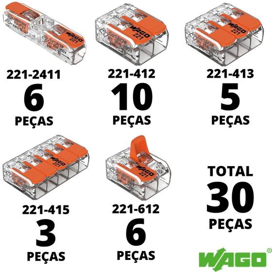 30un Conector Wago Emenda Derivação 2 3 e 5 vias 4-6mm² 32A/41A450V Menor preço em 30un Conector Wago Emenda Derivação 2 3 e 5 vias 4-6mm² 32A/41A450V
