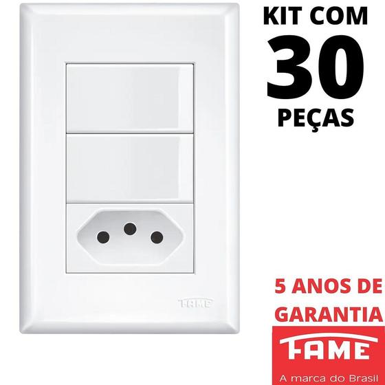 Imagem de 30un Interruptor Paralelo Three Way 2 Teclas 16A e Tomada Padrão 2P+T 10A Com Placa Evidence FAME