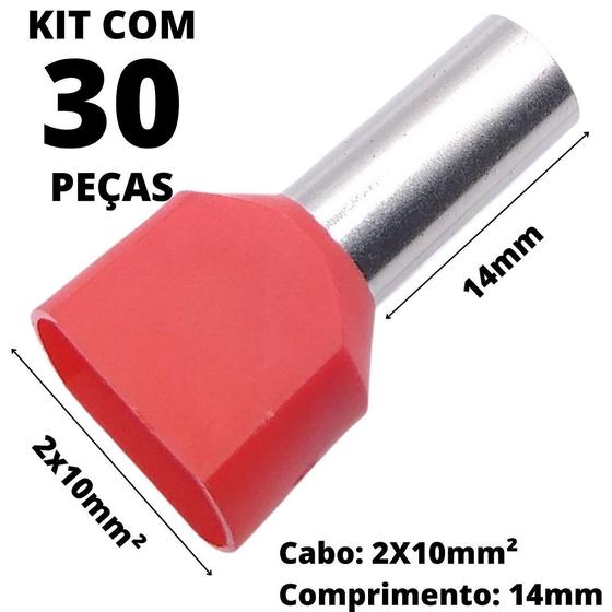 Imagem de 30un Terminal Tubular Ilhós Pré-isolado Duplo Para Cabo de 10mm² Metal 14mm Vermelho TE1014