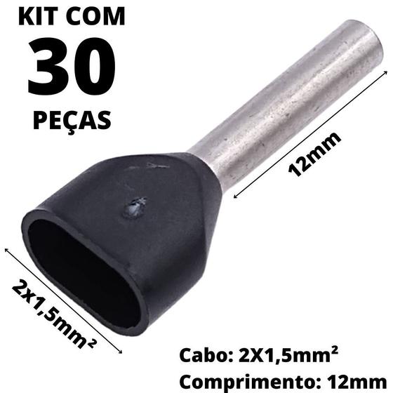 Imagem de 30un Terminal Tubular Ilhós Pré-isolado Duplo Para Cabo de 1,5mm² Metal 12mm Preto TE1512