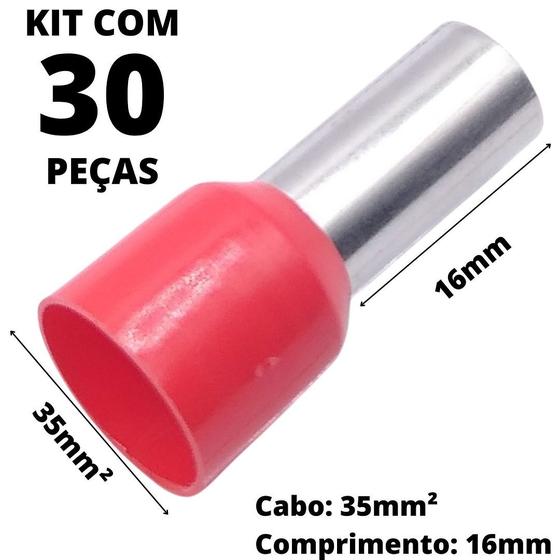 Imagem de 30un Terminal Tubular Ilhós Pré-isolado Simples Para Cabo de 35mm² Metal 16mm Vermelho E35-16