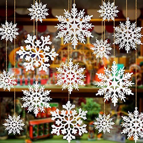 Imagem de 36 Peças de plástico enfeites de floco de neve, tamanhos sortidos cintilante branco glitter floco de neve Natal enfeites decorativos suspensos para decoração de Natal, artesanato, casamento e embelezamento