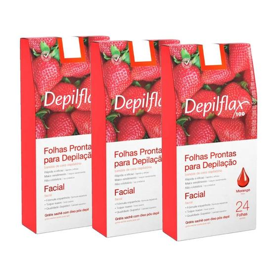 Imagem de 3cx Folhas Prontas Depilação Facial Depilflax Morango 24un