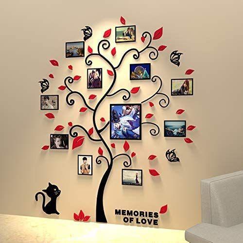 Imagem de 3D Black Trunk Red Leaves Wall Stickers Happy Family Tree Decal DIY Decor Sticker com quatro DIY Barras verticais Molduras de fotos (vermelho, M)