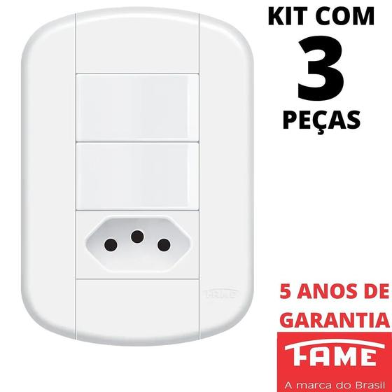 Imagem de 3un Interruptor Simples 2 Teclas 16A e Tomada Padrão 2P+T 20A Com Placa Blanc Mais FAME