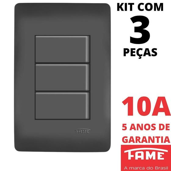 Imagem de 3un Interruptor Simples 3 Teclas 10A Com Placa 4x2 Habitat Black FAME