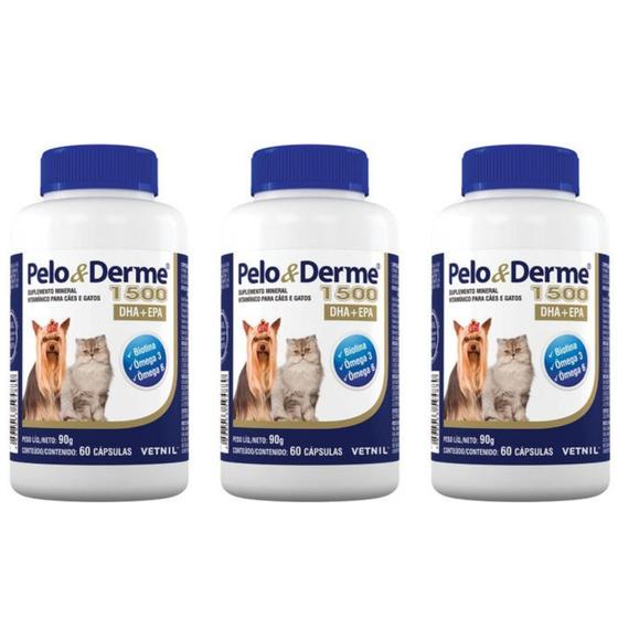 Imagem de 3un Pelo E Derme 1500Mg 60cps Suplemento Para Cães E Gatos