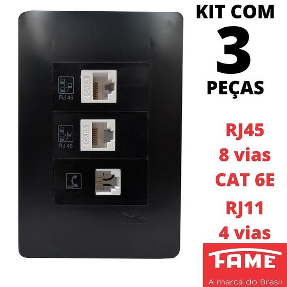 Imagem de 3un Tomada VD RJ11 4 Vias RJ45 CAT 6E 8 Vias Dupla Com Placa Habitat Black FAME