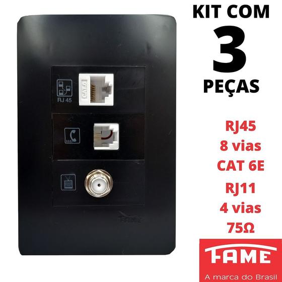 Imagem de 3un Tomada VDI RJ11 4 Vias RJ45 CAT 6E 8 Vias e Coaxial Com Placa Habitat Black FAME