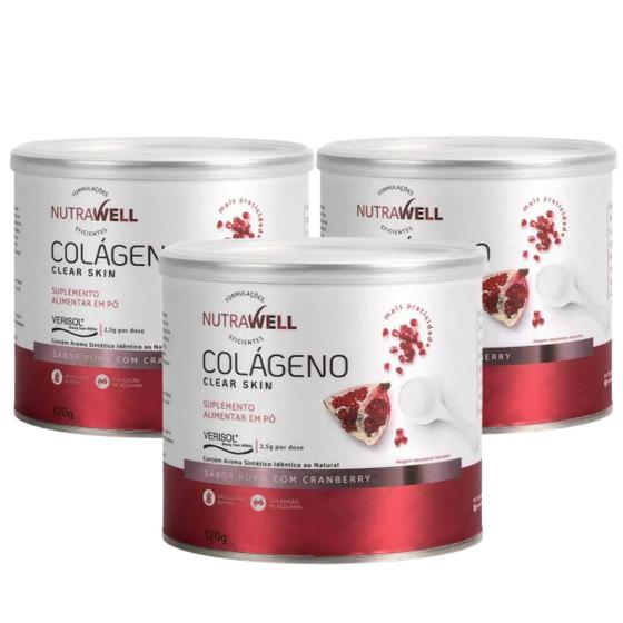 Imagem de 3x Colageno Verisol Clear Skin Nutrawell Romã Cranberry 120g