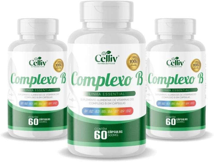 3x Complexo B (B1, B2, B3, B5, B6, B7, B9, B12) 60 capsulas de 500mg Celliv Menor preço em 3x Complexo B (B1, B2, B3, B5, B6, B7, B9, B12) 60 capsulas de 500mg Celliv
