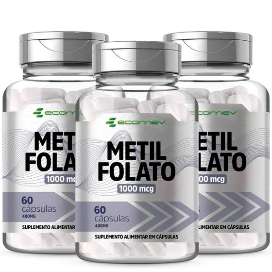 Imagem de 3x Metilfolato 1000Mcg Por Cáps  Acido Folico Ativo 180 Cápsulas Ecomev
