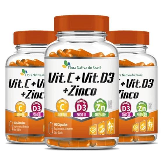 Imagem de 3x Vitamina C + Vitamina D3 + Zinco 60 Caps Flora Nativa