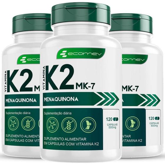 Imagem de 3x Vitamina K2 MK7 Menaquinona 500mg Pura Formula Importada 149mcg 360Cáp 6 meses Ecomev