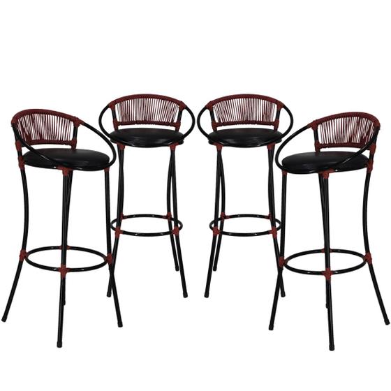 Imagem de 4 Banquetas Havaí em Fio de Fibra Artesanal para Bar, Bancada, Balcão, Lanchonete - Preto Vermelho