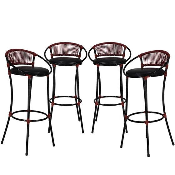 Imagem de 4 Banquetas Havaí Fio de Fibra Artesanal, Bar, Bancada, Balcão - Preto Vermelho