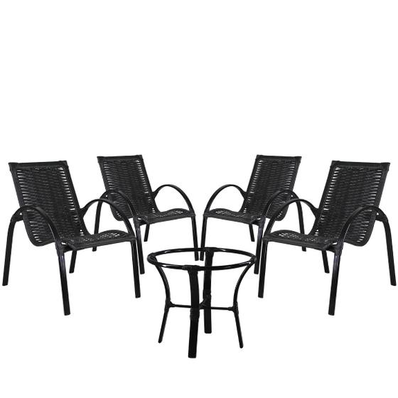 Imagem de 4 Cadeiras em Fibra Sintética Garden com Mesa de Centro em Alumínio Pintado para Área Externa - Preta