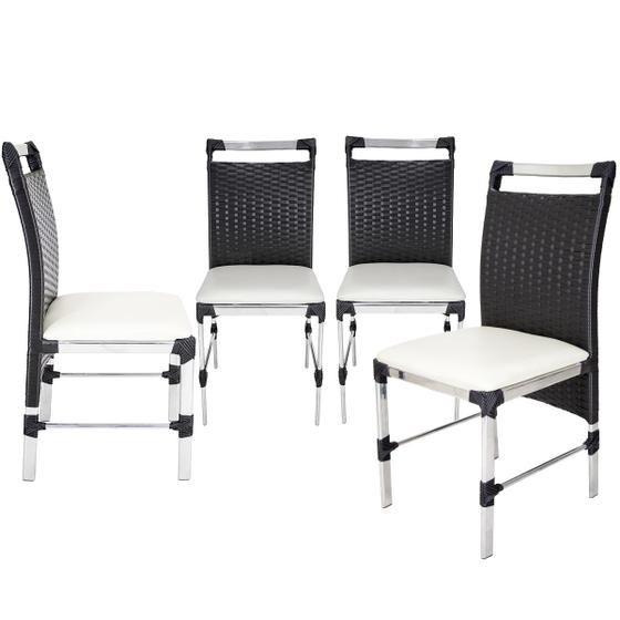 Imagem de 4 Cadeiras Veneza Fibra Sintética cor Preto Alumínio Polido com Assento Estofado Branco
