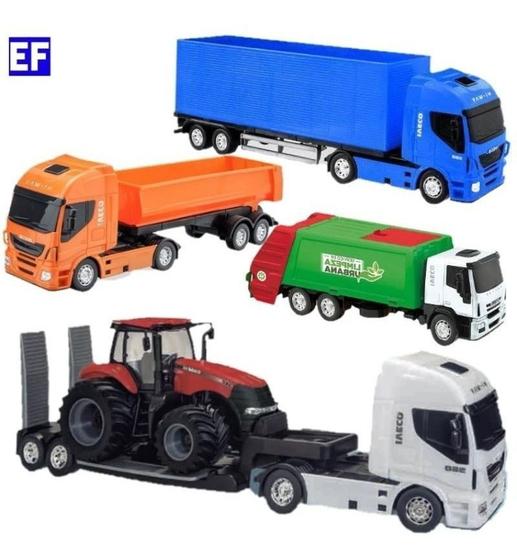 Imagem de 4 Caminhão Brinquedo Plataforma Com Trator + Caçamba + Baú