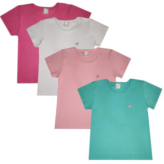 Imagem de 4 Camiseta Blusinha Babylook T-shirt Básica Menina Algodão + Cotton Manga Curta Infantil Juvenil Lisa Roupa Verão Feminina Criança Tamanho 10 12 14