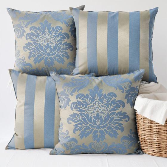 Imagem de 4 Capas para Almofadas Jacquard Adamascado 45x45cm  Azul e Dourado