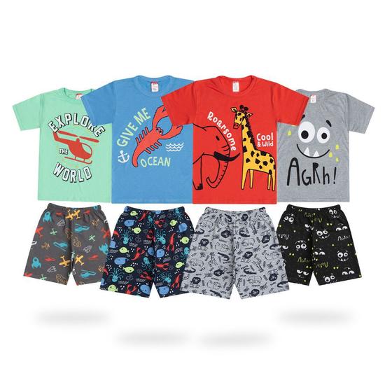 Imagem de 4 Conjuntos c/ Short Moletinho Estampado Infantil Masculino Verão