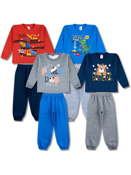 Imagem de 4 Conjuntos Moletom Infantil Masculino Roupa de Inverno Menino 4 Peças - 4 Blusas e 4 Calças