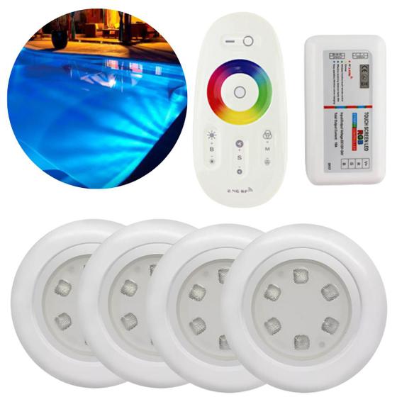Imagem de 4 Luminárias Luzes Led 12V De Piscina RGB 9W Com Controlador (Módulo Central) + Controle Touch Screen + Fonte De Energia