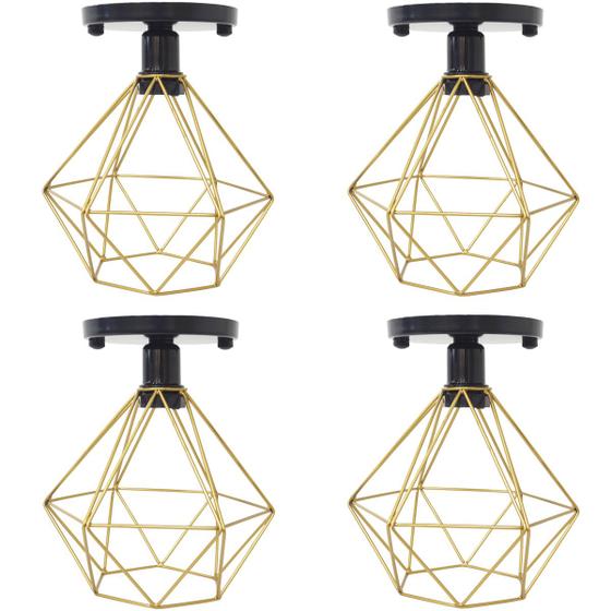 Imagem de 4 Lustres Teto Plafon Industrial Aramado Diamante Dourado Retrô Luminária Vintage Preto Agp Ilumini