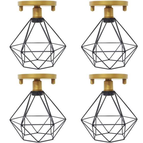 Imagem de 4 Lustres Teto Plafon Industrial Aramado Diamante Preto Retrô Luminária Vintage Dourado Agp Ilumini