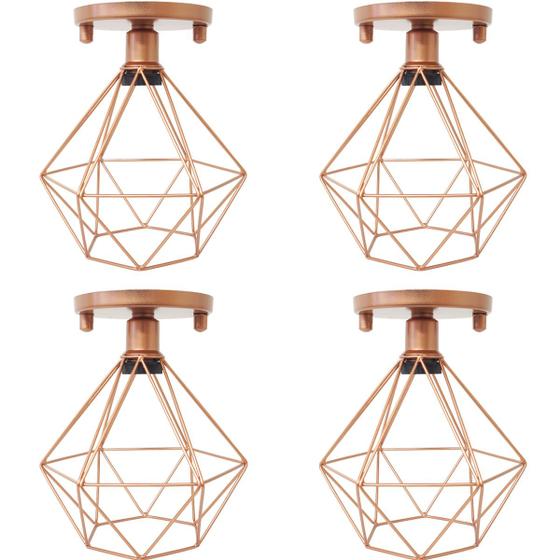 Imagem de 4 Lustres Teto Plafon Industrial Aramado Diamante Retrô Luminária Sobrepor Vintage Cobre Rose Gold