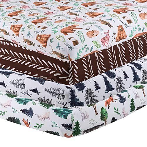 Imagem de 4 Pack Woodland Forest Animals Madeira Neutro Unissex Fitted Baby Berço Sheets Set para Baby Boys ou Meninas