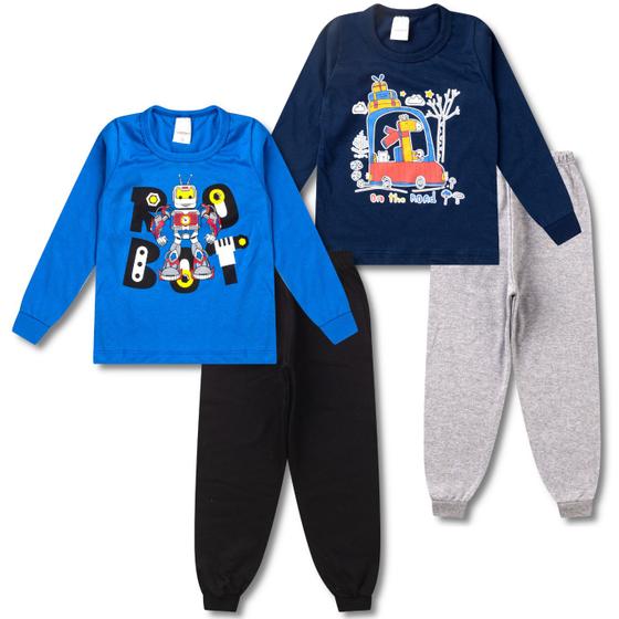 Imagem de 4 Peças de Roupas Conjuntos Meia Estação Infantil Masculino Inverno Menino - 2 Camisetas e 2 Calças