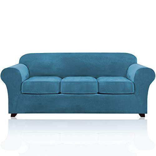 Imagem de 4 peças Sofá Cobre Capas de sofá de veludo para 3 almofadas Sofá Slipcovers Soft Sofa Slip Capas móveis com 3 tampas individuais de almofada de assento, máquina lavável (grande, azul)