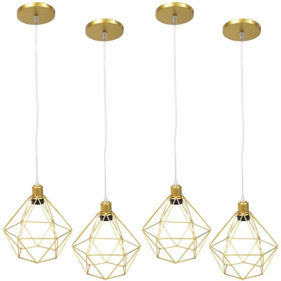 Imagem de 4 Pendente Aramado Diamante Luminárias Lustre Cabo Cristal Teto Retrô Dourado Agp Ilumini