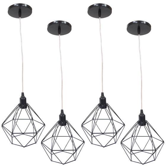 Imagem de 4 Pendente Aramado Diamante Luminárias Lustre Cabo Cristal Teto Retrô Preto Agp Ilumini