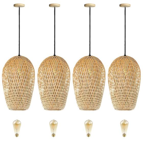 Imagem de 4 Pendente De Bambu Fibra Natural Corredor Nat63 + Led