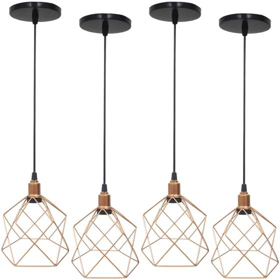 Imagem de 4 Pendentes Aramado Cálice Luminária Lustre Luxo Teto Retrô Vintage Cobre Rose Gold Industrial