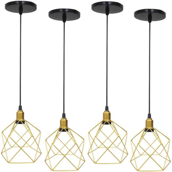 Imagem de 4 Pendentes Aramado Cálice Luminária Lustre Luxo Teto Retrô Vintage Dourado Agp Ilumini Industrial