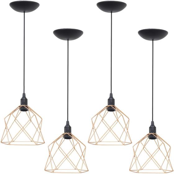 Imagem de 4 Pendentes Aramado Cálice Luminária Lustre Teto Retrô Vintage Industrial Balcão Cobre Rose Gold