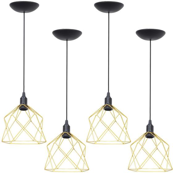 Imagem de 4 Pendentes Aramado Cálice Luminária Lustre Teto Retrô Vintage Industrial Balcão Dourado