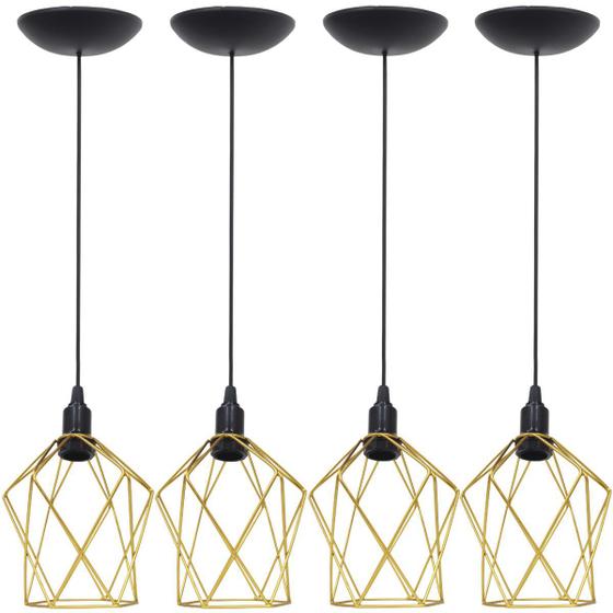 Imagem de 4 Pendentes Aramado Cálice P Luminária Lustre Teto Retrô Vintage Industrial Balcão Dourado