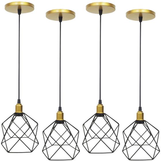 Imagem de 4 Pendentes Aramado Cálice Preto Luminária Lustre Industrial Teto Vintage Dourado Agp Ilumini