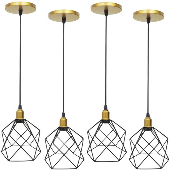 Imagem de 4 Pendentes Aramado Cálice Preto Luminária Lustre Industrial Teto Vintage Dourado Agp Ilumini